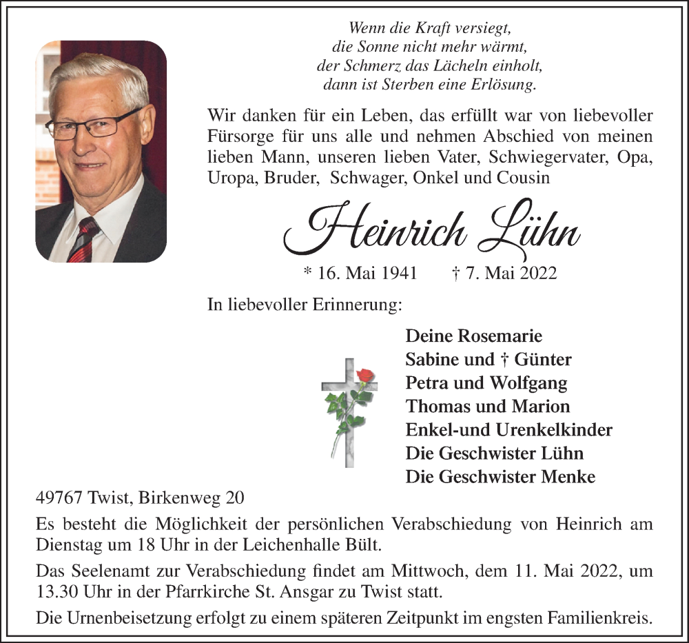  Traueranzeige für Heinrich Lühn vom 09.05.2022 aus Neue Osnabrücker Zeitung GmbH & Co. KG