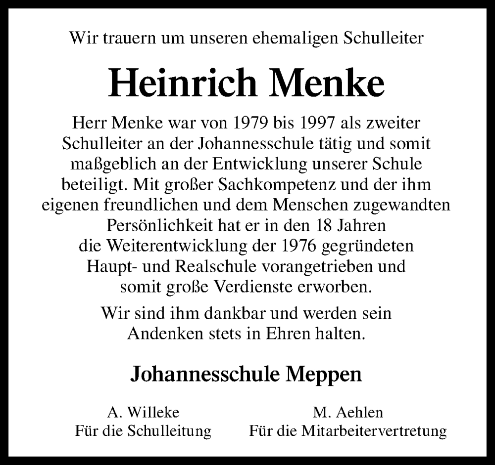  Traueranzeige für Heinrich Menke vom 14.05.2022 aus Neue Osnabrücker Zeitung GmbH & Co. KG