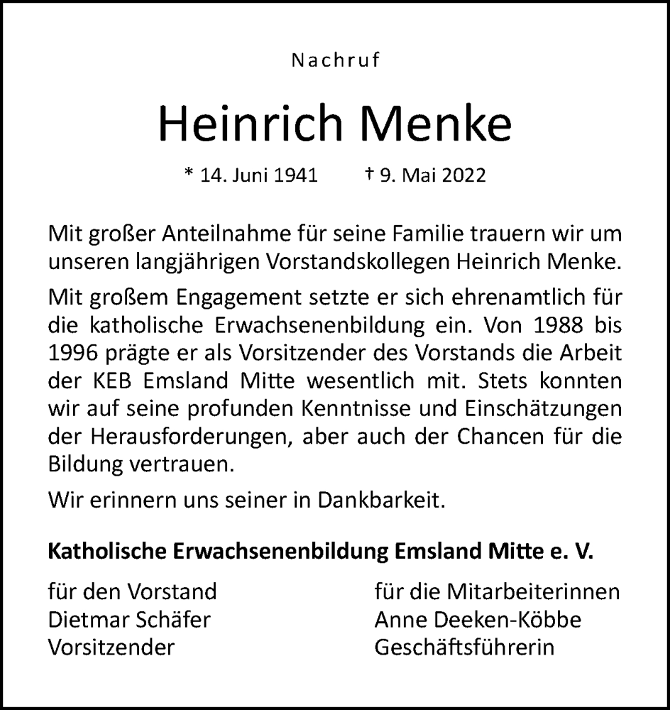  Traueranzeige für Heinrich Menke vom 17.05.2022 aus Neue Osnabrücker Zeitung GmbH & Co. KG