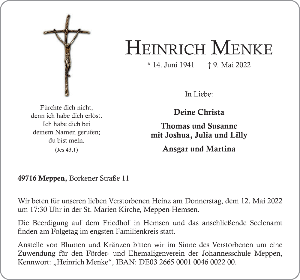  Traueranzeige für Heinrich Menke vom 11.05.2022 aus Neue Osnabrücker Zeitung GmbH & Co. KG