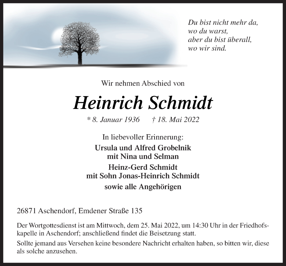  Traueranzeige für Heinrich Schmidt vom 21.05.2022 aus Neue Osnabrücker Zeitung GmbH & Co. KG