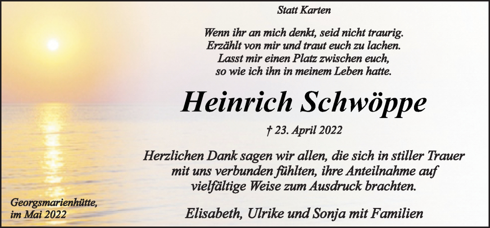  Traueranzeige für Heinrich Schwöppe vom 28.05.2022 aus Neue Osnabrücker Zeitung GmbH & Co. KG