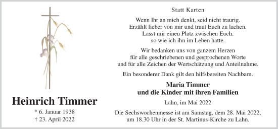 Traueranzeige von Heinrich Timmer von Neue Osnabrücker Zeitung GmbH & Co. KG