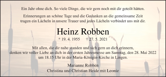 Traueranzeige von Heinz Robben von Neue Osnabrücker Zeitung GmbH & Co. KG