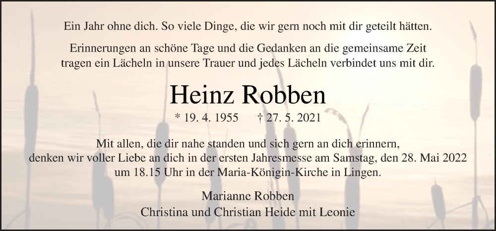  Traueranzeige für Heinz Robben vom 25.05.2022 aus Neue Osnabrücker Zeitung GmbH & Co. KG