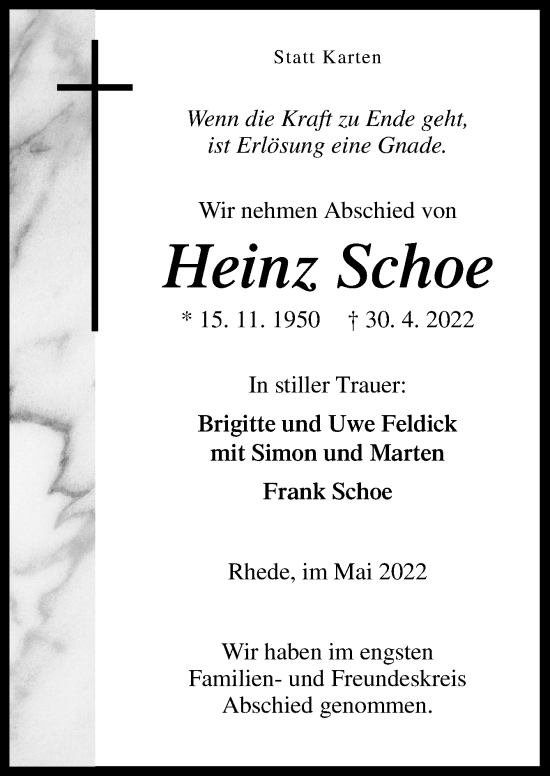 Traueranzeige von Heinz Schoe von Neue Osnabrücker Zeitung GmbH & Co. KG