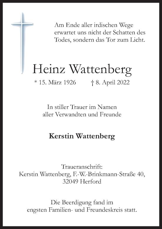 Traueranzeige von Heinz Wattenberg von Neue Osnabrücker Zeitung GmbH & Co. KG