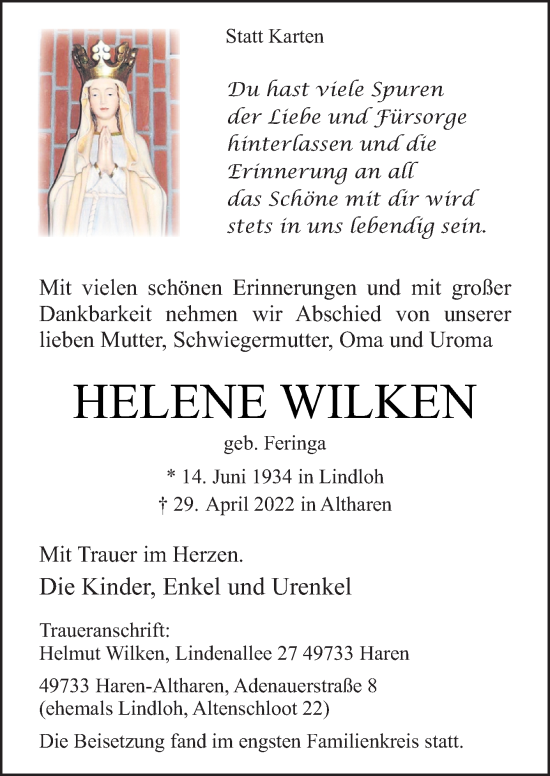 Traueranzeige von Helene Wilken von Neue Osnabrücker Zeitung GmbH & Co. KG