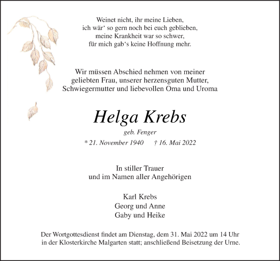 Traueranzeige von Helga Krebs von Neue Osnabrücker Zeitung GmbH & Co. KG