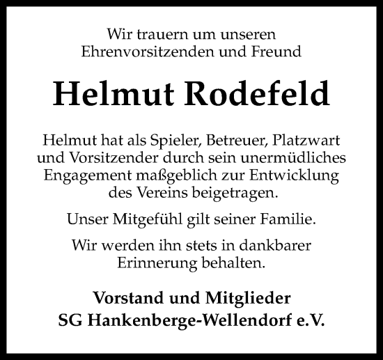 Traueranzeige von Helmut Rodefeld von Neue Osnabrücker Zeitung GmbH & Co. KG