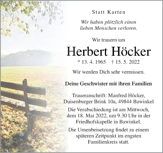 Traueranzeige von Herbert Höcker von Neue Osnabrücker Zeitung GmbH & Co. KG