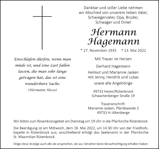 Traueranzeige von Hermann Hagemann von Neue Osnabrücker Zeitung GmbH & Co. KG