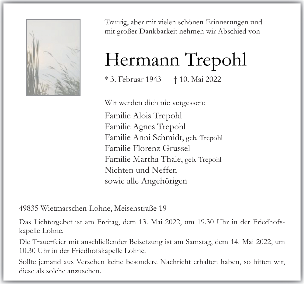  Traueranzeige für Hermann Trepohl vom 13.05.2022 aus Neue Osnabrücker Zeitung GmbH & Co. KG