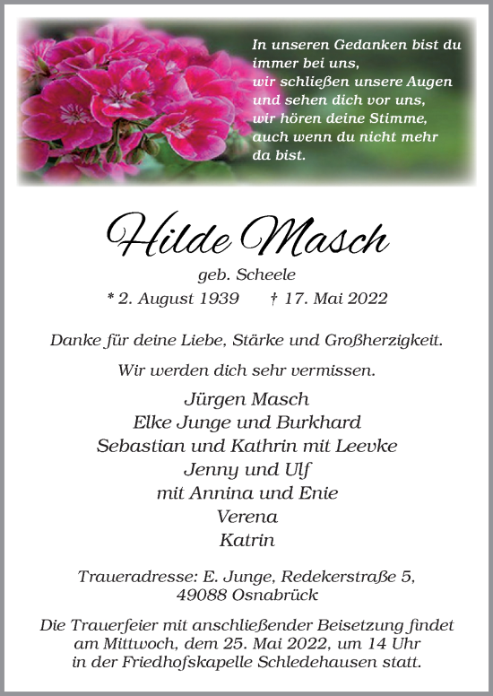 Traueranzeige von Hilde Masch von Neue Osnabrücker Zeitung GmbH & Co. KG
