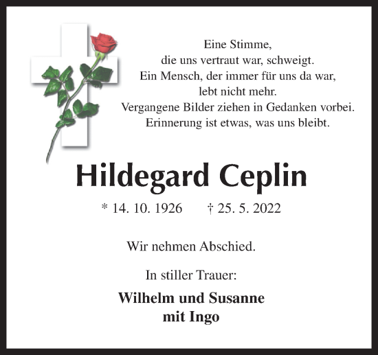 Traueranzeige von Hildegard Ceplin von Neue Osnabrücker Zeitung GmbH & Co. KG