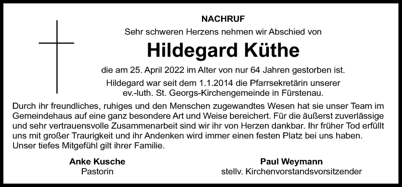  Traueranzeige für Hildegard Küthe vom 02.05.2022 aus Neue Osnabrücker Zeitung GmbH & Co. KG