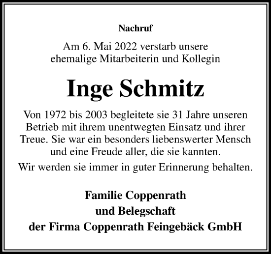 Traueranzeige von Inge Schmitz von Neue Osnabrücker Zeitung GmbH & Co. KG