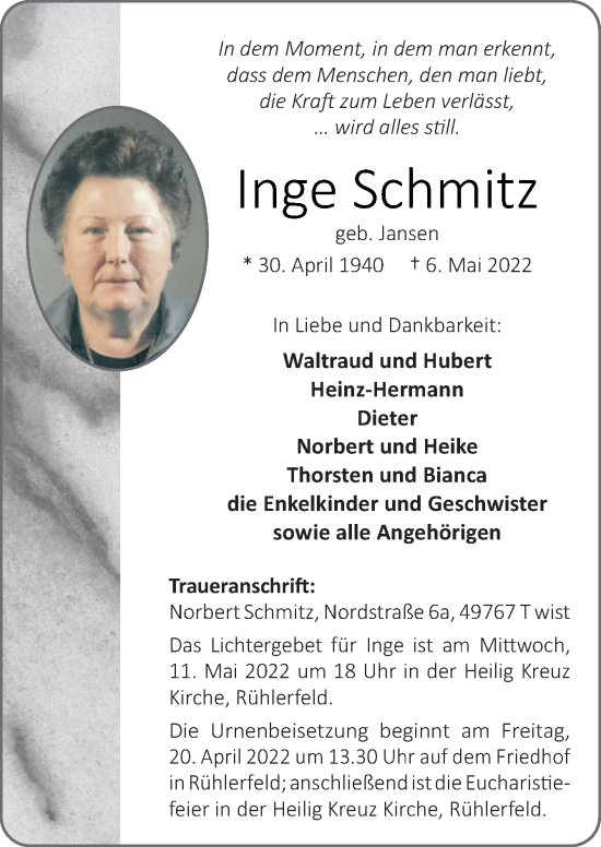 Traueranzeige von Inge Schmitz von Neue Osnabrücker Zeitung GmbH & Co. KG