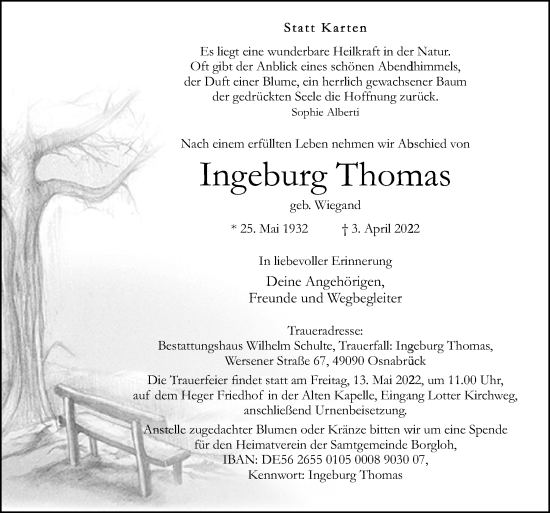 Traueranzeige von Ingeburg Thomas von Neue Osnabrücker Zeitung GmbH & Co. KG