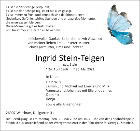 Traueranzeige von Ingrid Stein-Telgen von Neue Osnabrücker Zeitung GmbH &amp; Co. KG