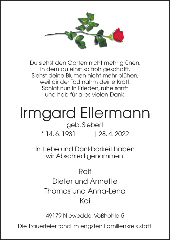 Traueranzeige von Irmgard Ellermann von Neue Osnabrücker Zeitung GmbH & Co. KG