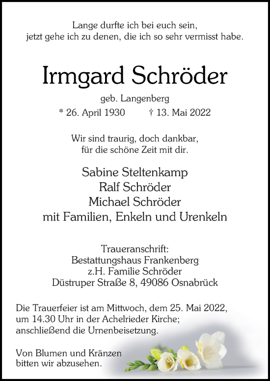 Traueranzeige von Irmgard Schröder von Neue Osnabrücker Zeitung GmbH & Co. KG