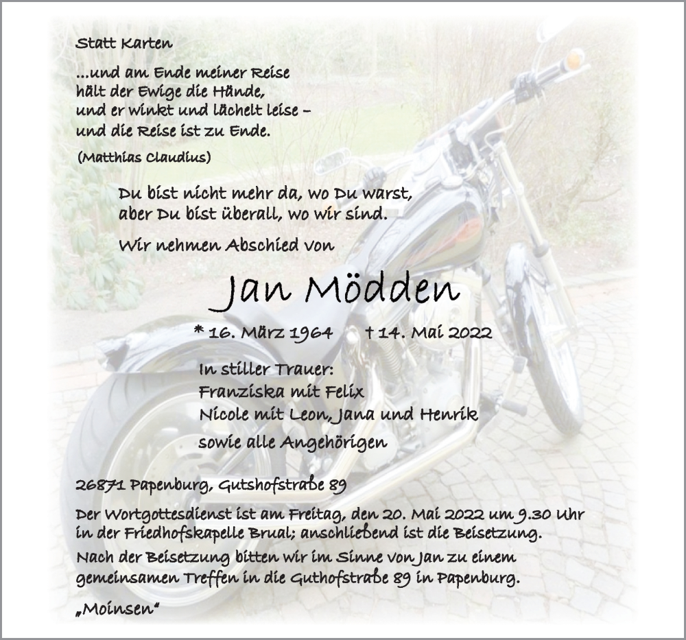  Traueranzeige für Jan Mödden vom 17.05.2022 aus Neue Osnabrücker Zeitung GmbH & Co. KG