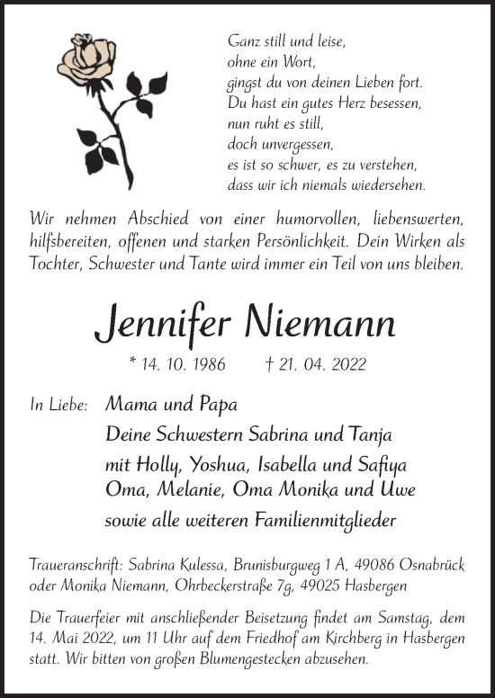 Traueranzeigen von Jennifer Niemann | noz Trauerportal