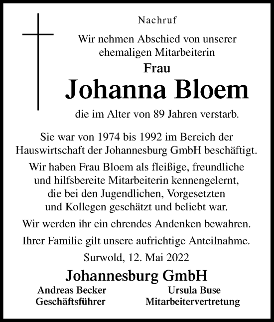 Traueranzeige von Johanna Bloem von Neue Osnabrücker Zeitung GmbH & Co. KG