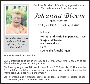 Traueranzeige von Johanna Bloem von Neue Osnabrücker Zeitung GmbH & Co. KG