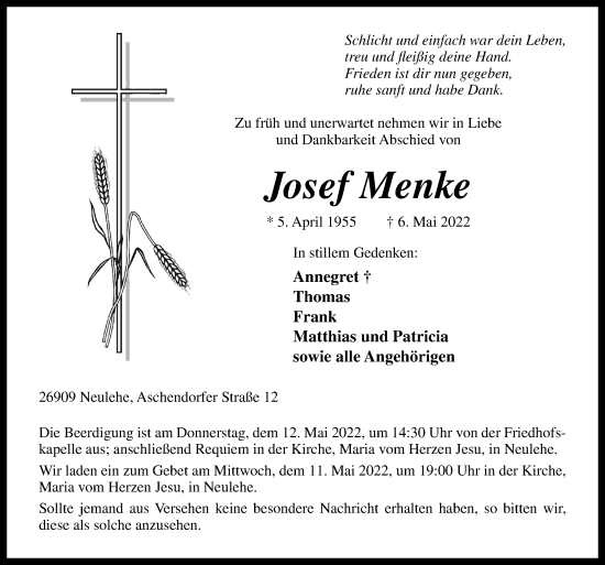 Traueranzeige von Josef Menke von Neue Osnabrücker Zeitung GmbH & Co. KG