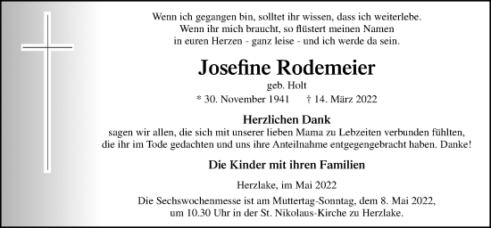 Traueranzeige von Josefine Rodemeier von Neue Osnabrücker Zeitung GmbH & Co. KG