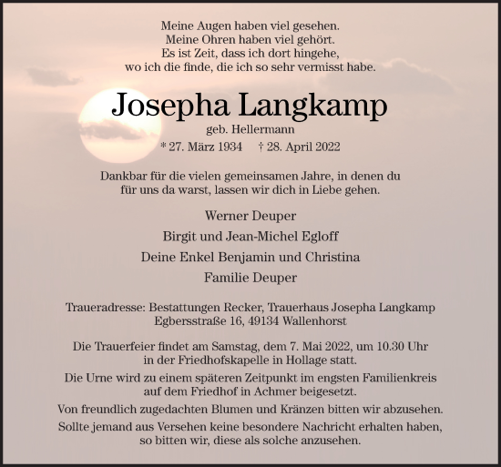 Traueranzeige von Josepha Langkamp von Neue Osnabrücker Zeitung GmbH & Co. KG