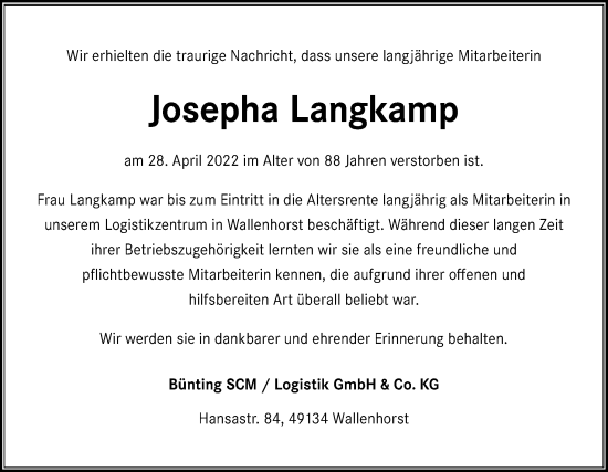 Traueranzeige von Josepha Langkamp von Neue Osnabrücker Zeitung GmbH & Co. KG