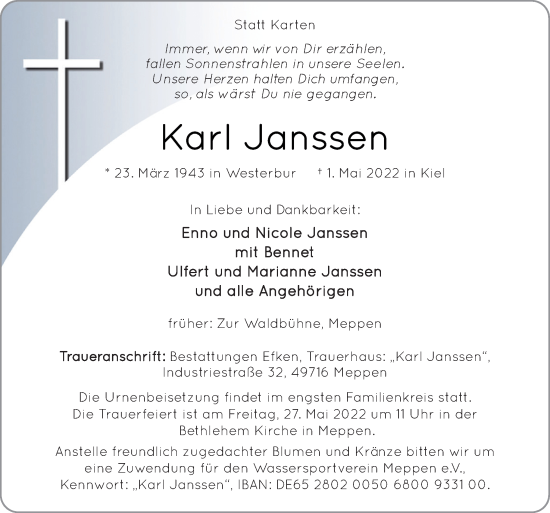 Traueranzeige von Karl Janssen von Neue Osnabrücker Zeitung GmbH & Co. KG