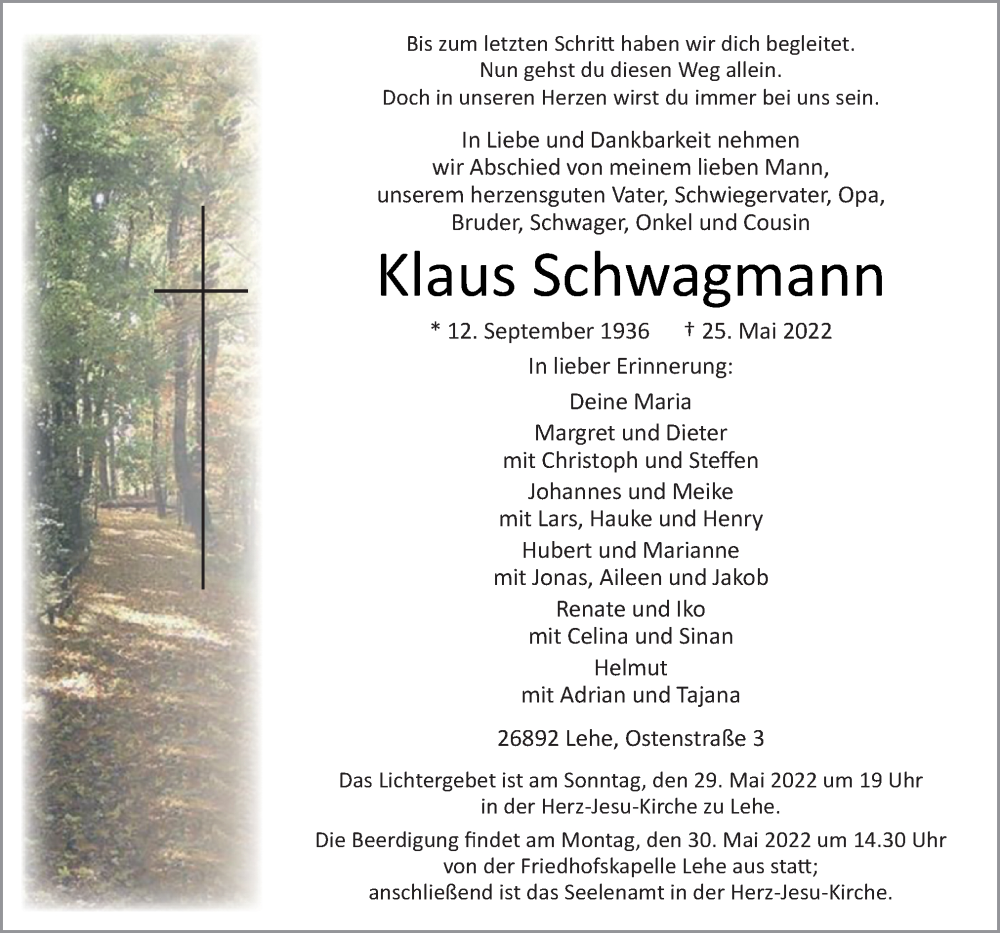  Traueranzeige für Klaus Schwagmann vom 27.05.2022 aus Neue Osnabrücker Zeitung GmbH & Co. KG