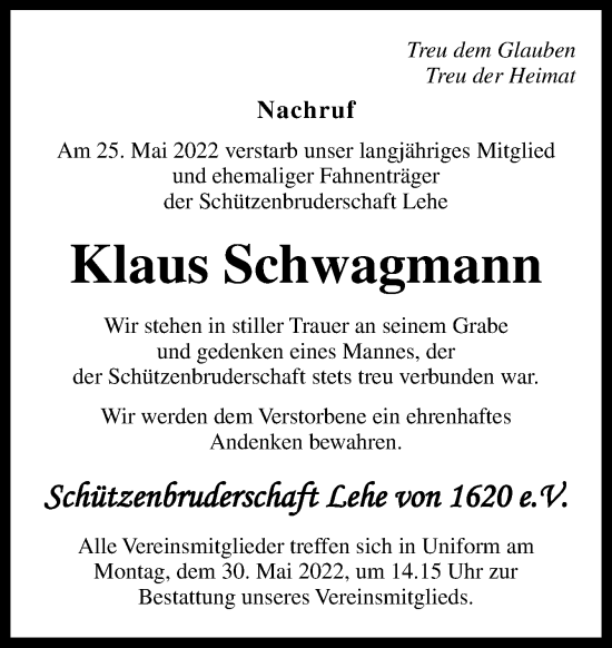 Traueranzeige von Klaus Schwagmann von Neue Osnabrücker Zeitung GmbH &amp; Co. KG