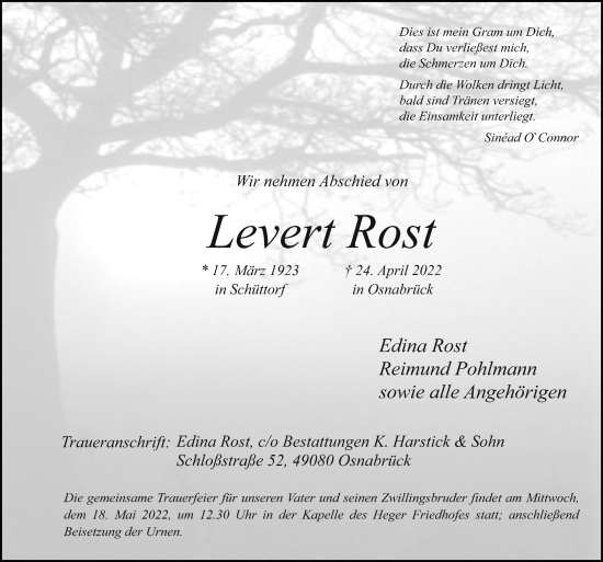 Traueranzeige von Levert Rost von Neue Osnabrücker Zeitung GmbH & Co. KG