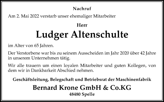 Traueranzeige von Ludger Altenschulte von Neue Osnabrücker Zeitung GmbH & Co. KG