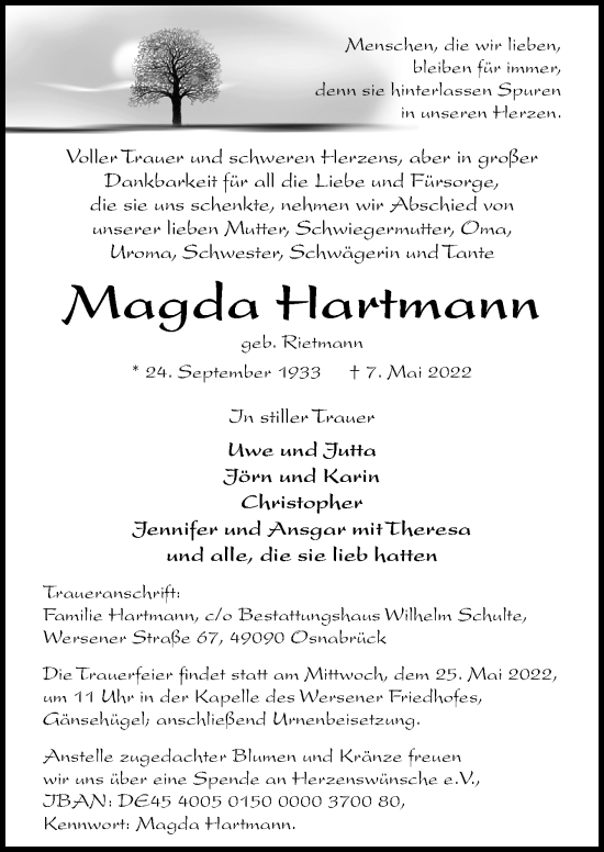 Traueranzeige von Magda Hartmann von Neue Osnabrücker Zeitung GmbH & Co. KG