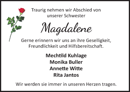 Traueranzeige von Magdalene  von Neue Osnabrücker Zeitung GmbH & Co. KG