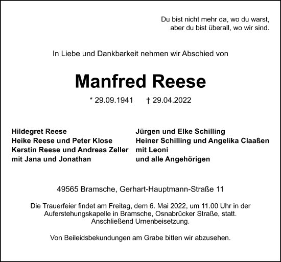 Traueranzeige von Manfred Reese von Neue Osnabrücker Zeitung GmbH & Co. KG
