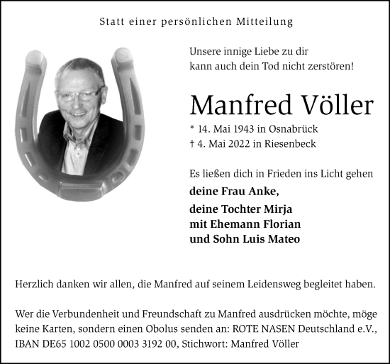 Traueranzeige von Manfred Völler von Neue Osnabrücker Zeitung GmbH & Co. KG