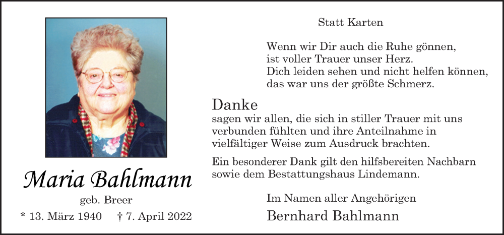  Traueranzeige für Maria Bahlmann vom 21.05.2022 aus Neue Osnabrücker Zeitung GmbH & Co. KG