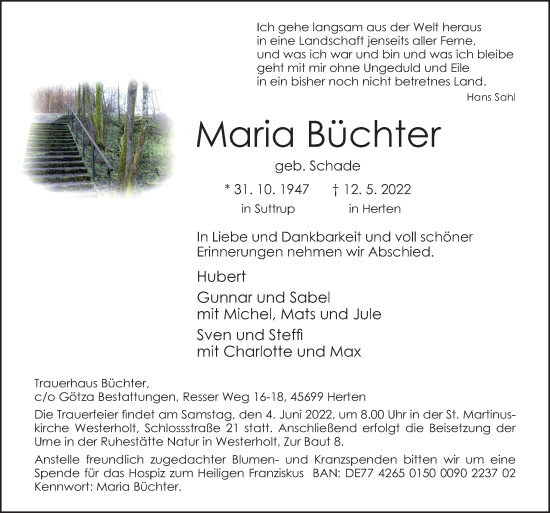 Traueranzeige von Maria Büchter von Neue Osnabrücker Zeitung GmbH & Co. KG