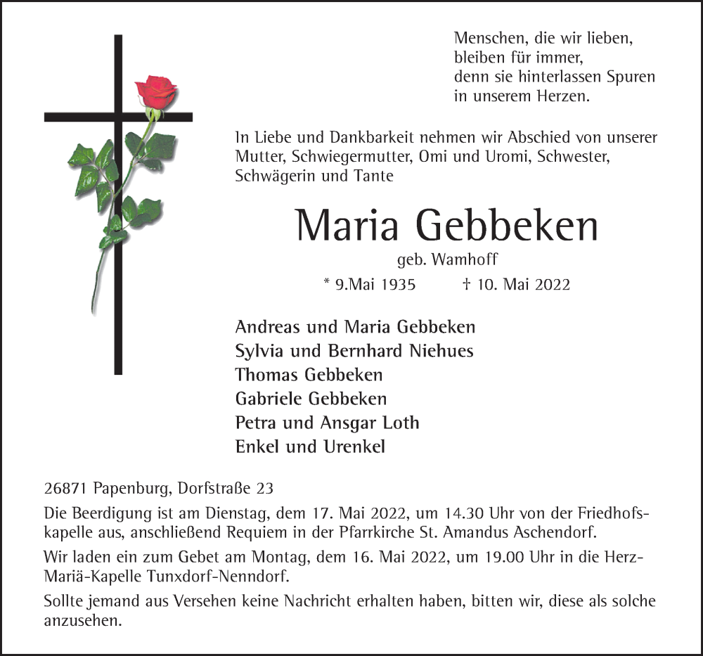  Traueranzeige für Maria Gebbeken vom 13.05.2022 aus Neue Osnabrücker Zeitung GmbH & Co. KG
