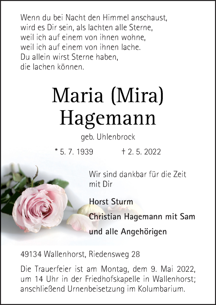  Traueranzeige für Maria Hagemann vom 07.05.2022 aus Neue Osnabrücker Zeitung GmbH & Co. KG