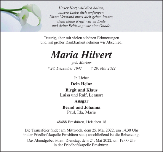 Traueranzeige von Maria Hilvert von Neue Osnabrücker Zeitung GmbH & Co. KG