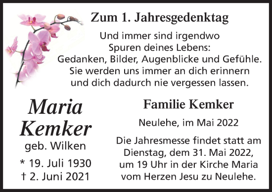 Traueranzeige von Maria Kemker von Neue Osnabrücker Zeitung GmbH & Co. KG