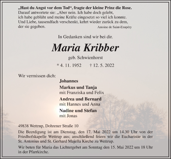 Traueranzeige von Maria Kribber von Neue Osnabrücker Zeitung GmbH & Co. KG